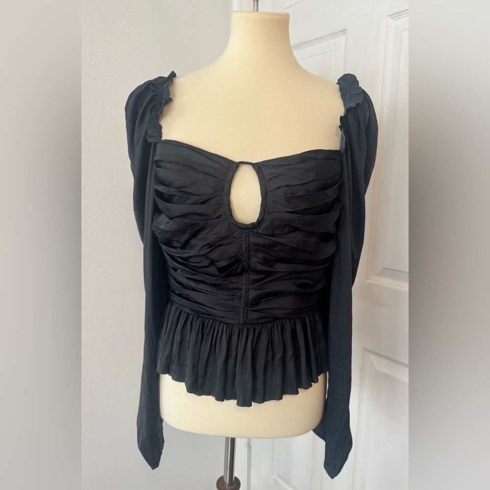 Ulla Johnson Ruched Peplum Blouse Keyhole Front Sheer Long Sleeve 10 *READ*